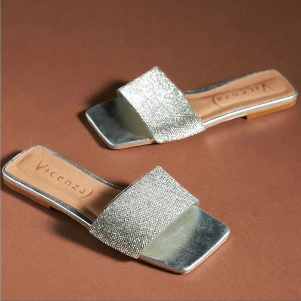 Vicenza Rhinestone Slide Sandals | Silver Leather | Size 8